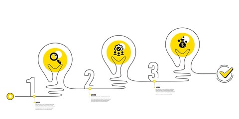 Lightbulb journey path infographics. Business Infographic template. Timeline with 3 steps. Workflow process diagram with Research, Teamwork, Money bag icons. Timeline infograph diagram. Vector