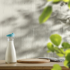 Bottle of milk on wooden table and free space for your decoration 