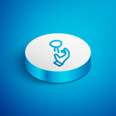 Isometric line Hooligan shooting small stones icon isolated on blue background. Demonstrator. White circle button. Vector
