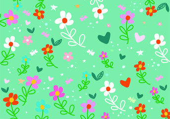 Garden flower, plants ,botanical ,seamless pattern vector design for fashion,fabric,wallpaper and all prints on green mint background color. Cute pattern in small flower. Small colorful flowers.