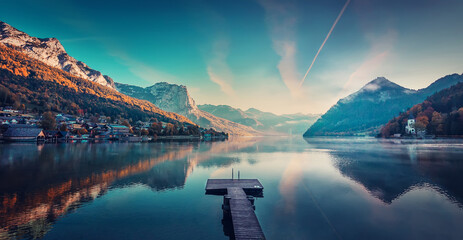 Impressively beautiful Fairy-tale mountain lake in Austrian Alps. Breathtaking Scene. Panoramic...