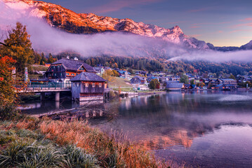 Stunning Colorful morning view on Grundlsee alpine lake during sunset. Grundlsee on amost popular resosr and travel locations. Amazing nature landscape. Concept of an ideal resting place.