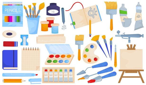 Art tools, isolated on white collection, vector illustration. Paint, brush, palette, pencil for creative education, drawing school element set.