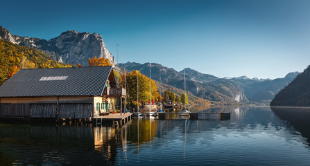 Wonderful Autumn Landscape in Austrian Alps with perfect sky. Awesome Fairy tale lake at Alpine...