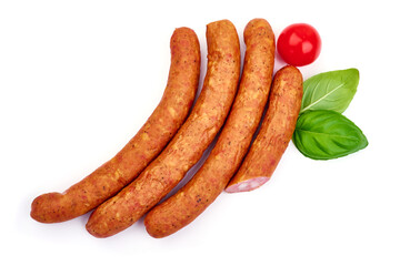 Smoked Hot dog sausages, isolated on white background. High resolution image.