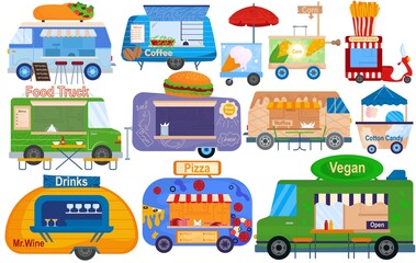 Fast food truck, isolated on white set, vector illustration. Foodtruck transportation, delivery van with taco, coffee, ice cream, corn
