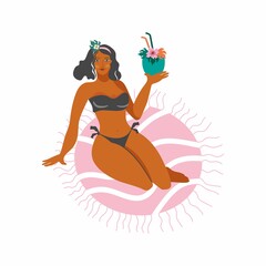 Vector illustration of a girl on the beach with a cocktail in her hands. Girl in a swimsuit sunbathes on a beach towel. Isolated on white background.
