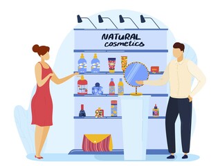Store with beauty product, natural cosmetic, vector illustration, woman character at makeup shop, flat man sell cosmetic for body care.