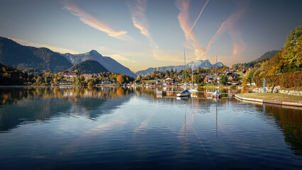 Impressively beautiful Fairy-tale mountain lake in Austrian Alps. Breathtaking Scene during sunset....