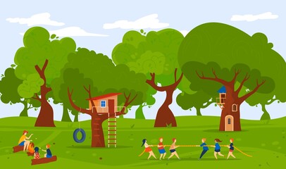 Camp at forest nature, summer outdoor, vector illustration, flat girl boy character play tug-of-war together, children stand near treehouse.