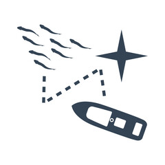 Vector black icon fishing vessel, trawler, seiner, fish school