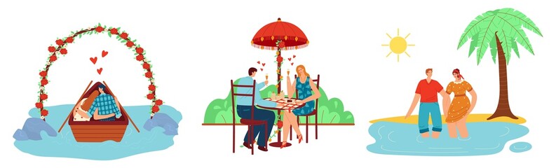 Obraz na płótnie Canvas People at romantic date set, vector illustration, flat man woman character together sail boat under flower arch, happy couple have dinner