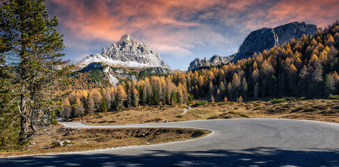 Amazing mountain landscape at autumn sunset. Scenic alpine scenery of Dolomites Alps. Wonderful...
