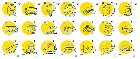 Transport line icons. Taxi, Helicopter and subway train icons. Truck car, Tram and Air balloon transport. Bike, Airport airplane and Ship, subway. Travel bus, ambulance car, paper airplane. Vector