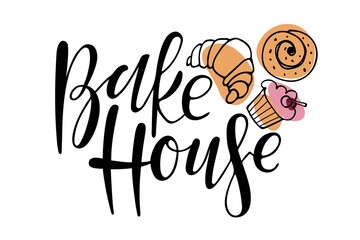 Bake House Calligraphy. Hand written brush Lettering for advertising, signboard, logotype, banner, card, design. Vector typography poster for bakery shops, cafe brand emblem isolated on white.