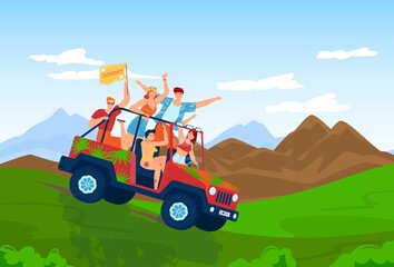 Summer travel by car, people friends ride suv, vector illustration, happy young man woman character at tourism journey, vehicle at mountain nature