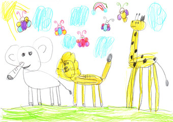 Drawing of happy animals giraffe; lion, elephant on warm summer day. Pencil art in childish style.