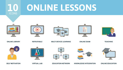 Online Lessons icon set. Contains editable icons online education theme such as online library, multi device learning, teaching and more.