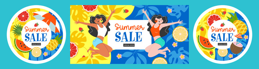 Summer sale. Bright colorful summer vector illustration, advertising poster.