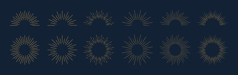 Sunburst collection. Bursting golden sun rays on dark background. Fireworks. Logotype or lettering design element. Radial sunset beams. Vector illustration eps 10