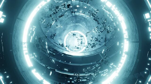 Broken debris and remnants of an ancient alien circular construct star gate - seamless looping animation.