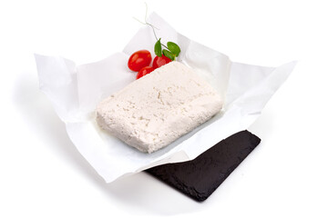 Cottage cheese, isolated on white background. High resolution image.