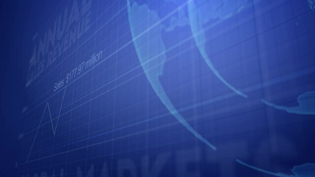 Stylish finance-theme motion graphics background, with rotating world globe, financial charts and rising sales trend indicator