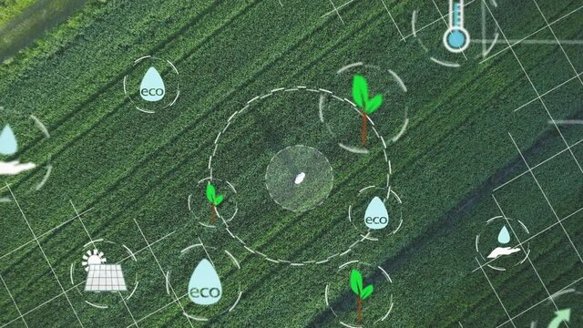 Scientist wearing gas mask and protective white hazmat suit standing in a green field checking CO2 emission and collecting data with AI. Smart farming agricultural revolution concept
