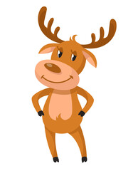 Christmas deer with hands on his belt. Smiling character in cartoon style.