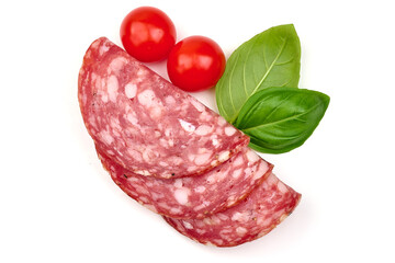 Italian Salami sausage slices, isolated on white background. High resolution image.