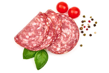 Italian Salami sausage slices, isolated on white background. High resolution image.