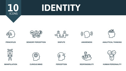 Identity icon set. Contains editable icons personality theme such as principles, dispute, analytical thinking and more.