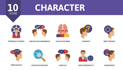 Character icon set. Contains editable icons personality theme such as personality model, collective mind, mind trigger and more.