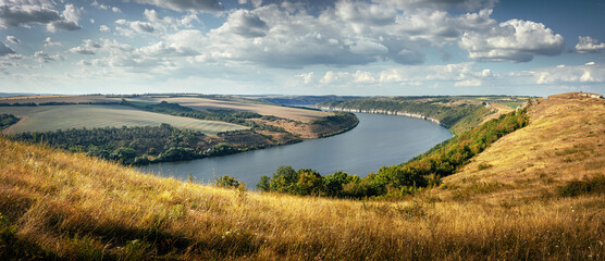 Scenic panorama view of Dnister River in Ukraine. Incredible nature landscape. Amazing autumn...