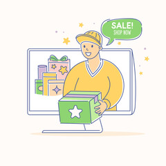 A young man delivers purchases. The idea of contactless delivery of goods to the consumer.