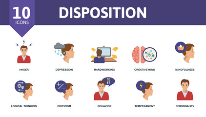 Disposition icon set. Contains editable icons personality theme such as anger, hardworking, mindfulness and more.