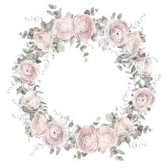Floral wreath of tender roses, ranunculus flowers and branches of eucalyptus. Hand painted watercolor illustration.