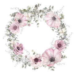 Floral wreath of tender anemones flowers and eucalyptus branches. Hand painted watercolor illustration.