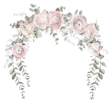 Floral wreath of tender roses, ranunculus flowers and branches of eucalyptus. Hand painted watercolor illustration.