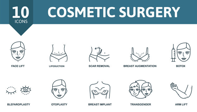 Cosmetic Surgery Icon Set. Contains Editable Icons Plastic Surgery Theme Such As Face Lift, Scar Removal, Botox And More.