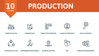 Fototapeta na wymiar Production icon set. Contains editable icons production management theme such as production line, production pririties, quality control and more.