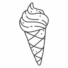 Ice cream cone in doodle style. Vector black and white hand drawn illustration. Food object isolated on white background. Food icons. Junk food line art.