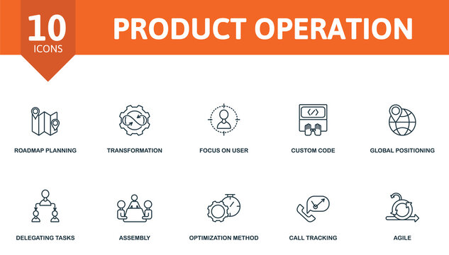 Product Operation icon set. Contains editable icons production management theme such as roadmap planning, focus on yser, global positioning and more.