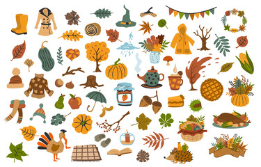 collection set  of cute drawn autumn fall thanksgiving seasonal items