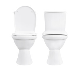 Toilet on white background. Close up of toilet. White toilet bowl isolated. Set of toilet bowls.