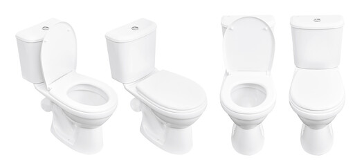 Toilet on white background. Close up of toilet. White toilet bowl isolated. Set of toilet bowls.