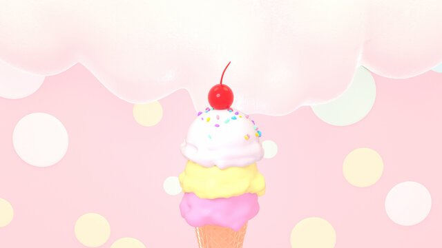 Pastel scoops of ice cream with colorful sprinkles on cherry on top. Beautiful pink circles pattern background with melting cream. 3d rendering picture.