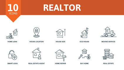 Realtor icon set. Contains editable icons real estate theme such as home loan, house size, moving service and more.