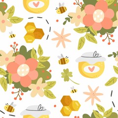 Honey seamless pattern with different objects in a cute cartoon style. Pattern with bees, honey, honeycomb, jar of honey, flowers on white background.