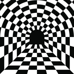 A black and white relief tunnel. Optical illusion. Vector illustration